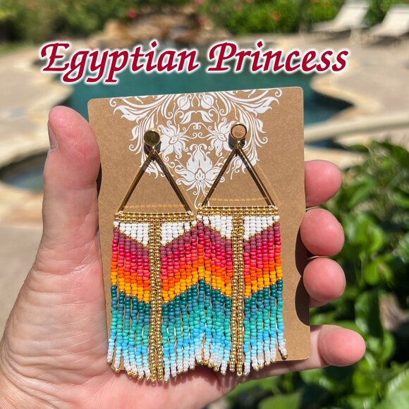 Handmade Beaded Egyptian Long Fringe Dangle Drop Lightweight Post Earrings - Picture 1 of 10